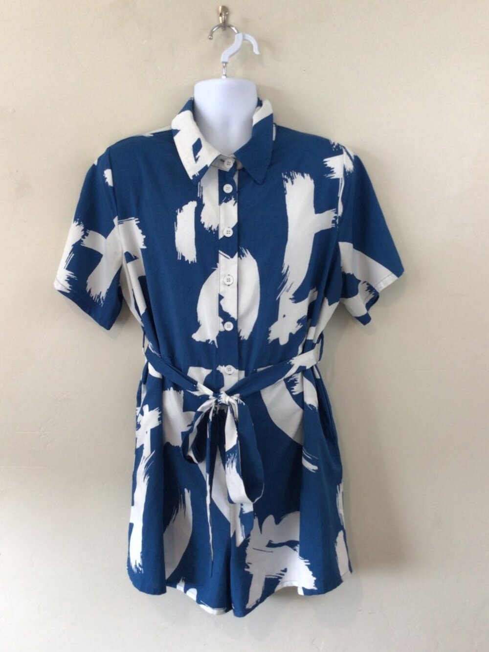 Blue and White Brushstroke Shirt Romper - Women's Jumpsuit